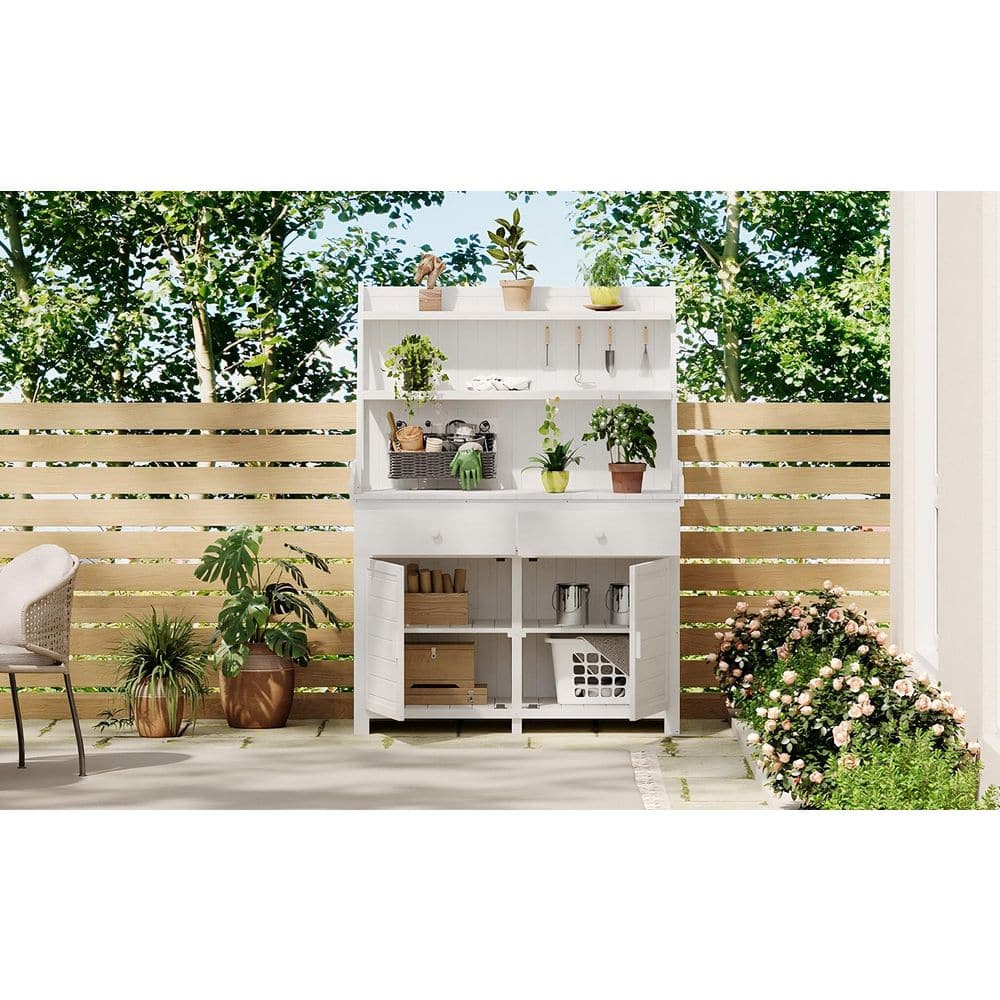 White TOPMAX 65 in. Garden Potting Bench Table Fir Wood Workstation with St