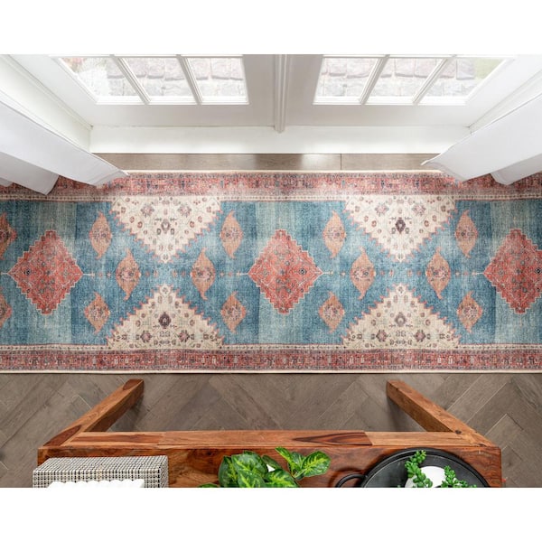 Lotus Towne Terra Blue Vintage Medallion Persian 2 ft. 7 in. x 9 ft. 10 in. Machine Washable Runner Rug