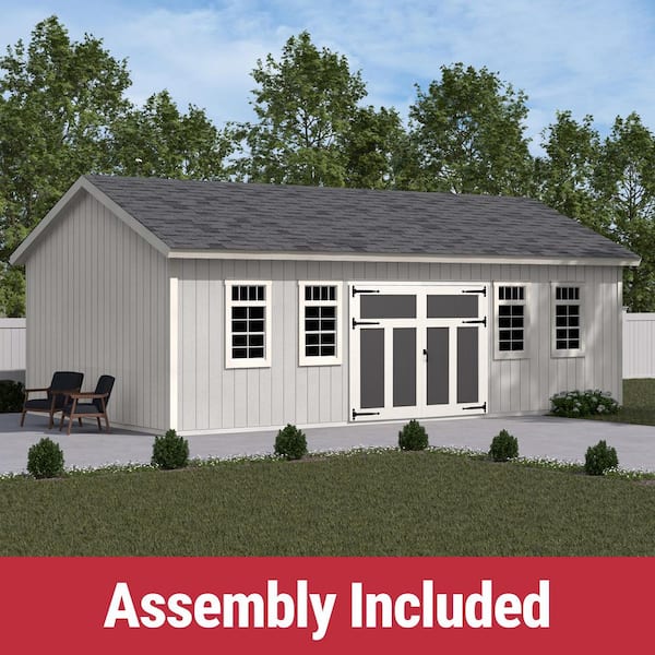 Professionally Assembled Vertex 28 ft. x 16 ft. Outdoor Wood Storage Shed with Driftwood Shingles (448 sq. ft. )