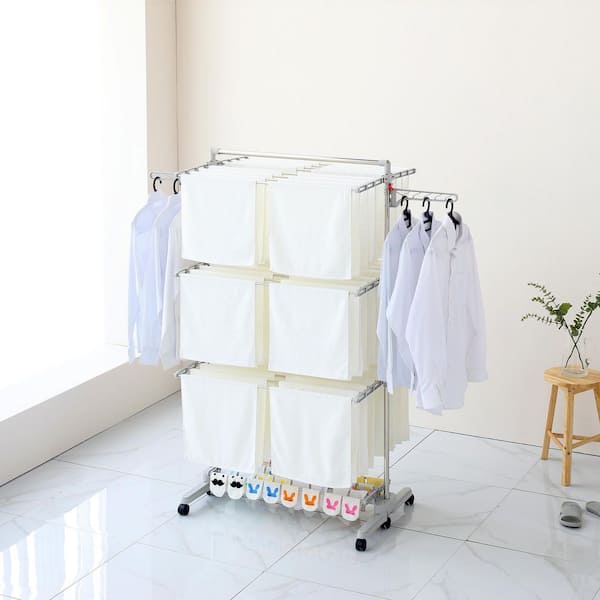 TOOLF Clothes Drying Rack, 3-Tier Collapsible Laundry Rack Stand Garment Drying Station with Wheels and 4 Hooks, Indoor-Outdoor Use, for for Bed Linen