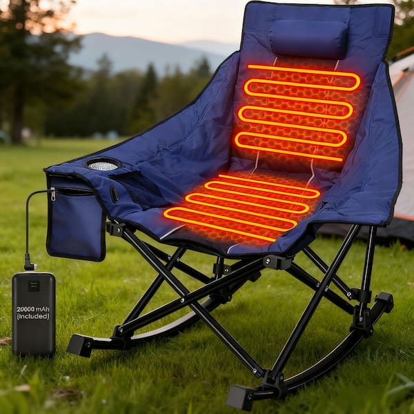 Heated Rocking Camping Chair Foldable Heavy-Duty Rocker Black 1-Piece Metal Outdoor Chaise Lounge with Pillow