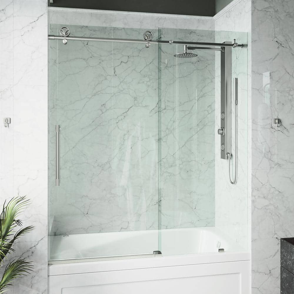 Elan Frameless Sliding Tub Door with Clear Glass and Stainless Steel