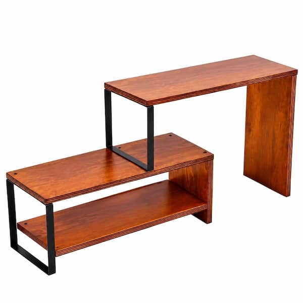 Two Tier Rustic Brown Metal and Engineered Wood Countertop Spice Rack Stackable Cabinet Shelf Organizer