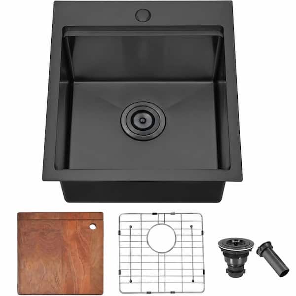 17 in. Drop In Single Bowl 9 in. Deep Gunmetal Black Stainless Steel Workstation Bar Sink with Grid
