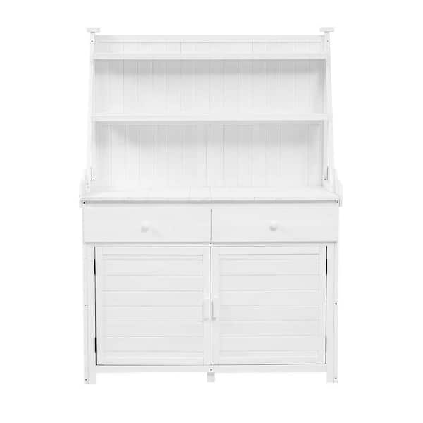 Runesay 65 in. Garden Potting Bench Table, Fir Wood Workstation with Storage Shelf, Drawer and Cabinet, White