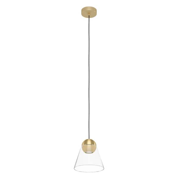 Eglo Cerasella 8 in. W x 6 in. H 1-Light Brushed Brass Mini Pendant with Clear Glass Cone Shade