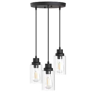 3-Light Vintage Cluster Pendant - Black with Clear Glass Shades for Kitchen/Dining Room
