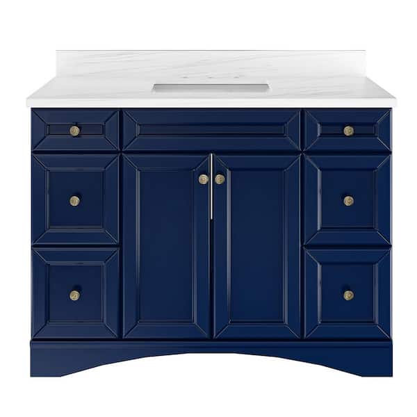 VANITYFUS Solid Wood 48 in. W x 22 in. D x 39.3 in. H Single Sink Bath Vanity Navy Blue Carrara White Natural Marble Top