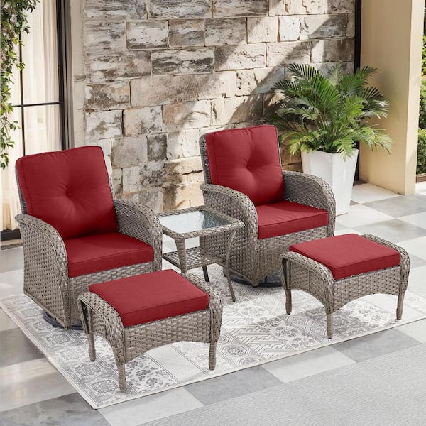 SleekArm 5-Piece Gray Wicker Outdoor Rocking Chair with Olefin Red Cushions Patio Swivel Chairs and Ottomans