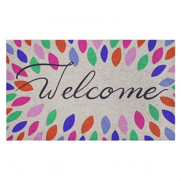 Vibrant Leaf Shapes Welcome Multi-Colored 18 in. x 30 in. Polyester Non-Slip Outdoor Door Mat