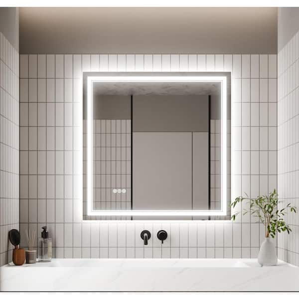 EAKYHOM 36 in. W x 36 in. H Rectangular Frameless Anti-Fog Wall Dimmable Backlit Dual LED Bathroom Vanity Mirror in Silver