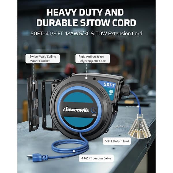 DEWENWILS 50 ft. 14/3 13A Circuit Breaker, Retractable Extension