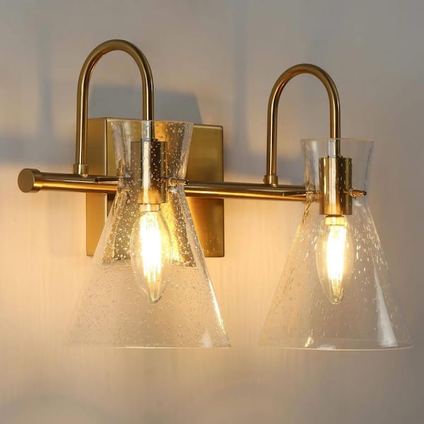 Uolfin Modern Gold Bathroom Vanity Light, 2-Light Bell Minimalist Powder Wall Sconce Light with Seeded Glass Shades