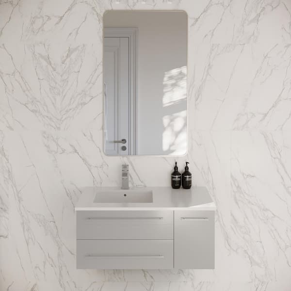 Lucera 36 in. Single Sink Wall Mount Gray Bath Vanity with White Quartz Top and Undermount Sink - Left Version