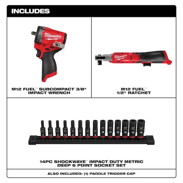 M12 FUEL 12V Lithium-Ion Brushless Cordless Stubby 1/2 in. Impact Wrench, 1/2 in. Cordless Ratchet & Socket Set