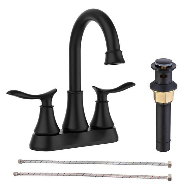 4 in. Centerset Double Handle High Arc Bathroom Faucet with Drain Assembly 3 Hole Bathroom Vanity Taps in Matte Black