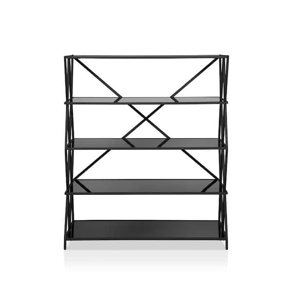 Furniture of America Libi 57 in. H Black 5-Shelf Bookcase With Glass Shelves