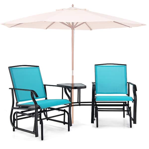 ANGELES HOME 2-Seat Metal Glider Rocker Chair set with Corner Table, Umbrella Hole, Turquoise