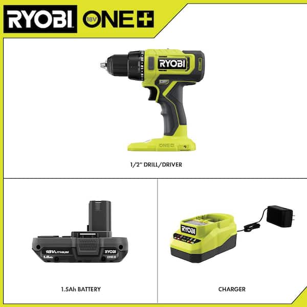 ONE+ 18V Cordless 1/2 in. Drill/Driver Kit with 1.5 Ah Battery, Charger, and Diamond Grit Driving Set (52-Piece)