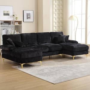 114 in W 4-piece U Shaped Chenille Modern Sectional Sofa with in Black Double Chaises