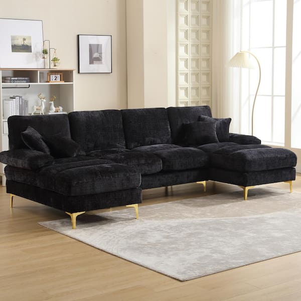 HOMEFUN 114 in W 4-piece U Shaped Chenille Modern Sectional Sofa with in Black Double Chaises