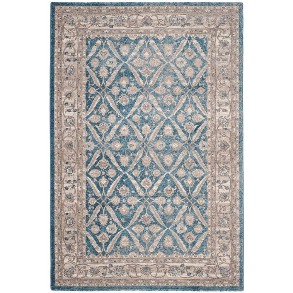 Navy and Beige Floral Border Synthetic Area Rug, 9' x 12'