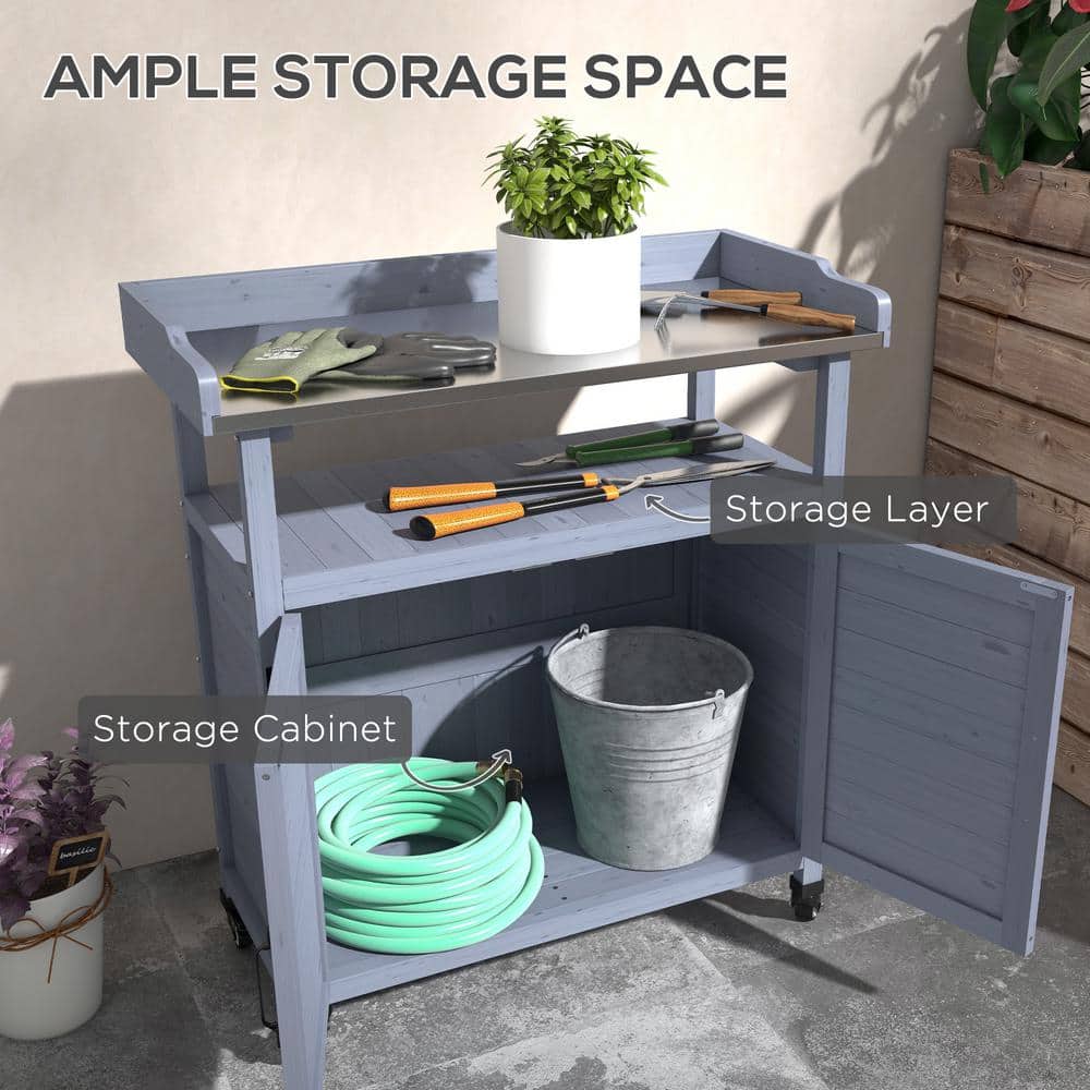 Gray Wooden Potting Bench with Aluminum Top and Storage