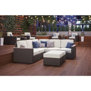 Palm Springs Brown 5-Piece Wicker Rattan Outdoor Sectional with Tan Cushions
