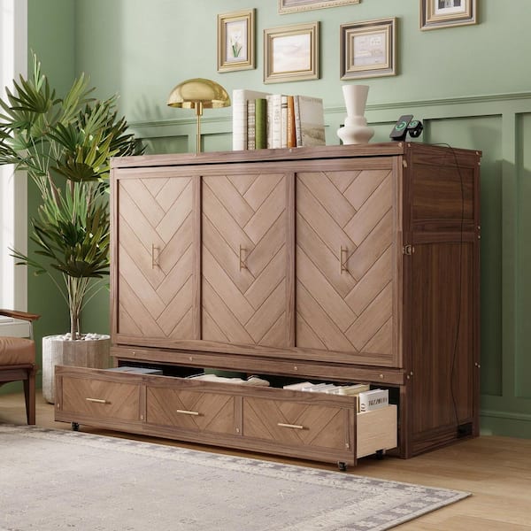 Bronze Pine Wood Frame Queen Murphy Bed with USB Charging, Fold-Down Cabinet Bed with Geometric Panel and Storage Drawer