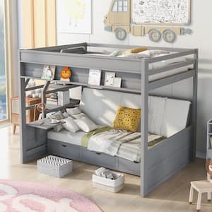 Gray Full Size Convertible Wood Bunk Bed with Storage Staircase, Bedside Table, and 3 Drawers