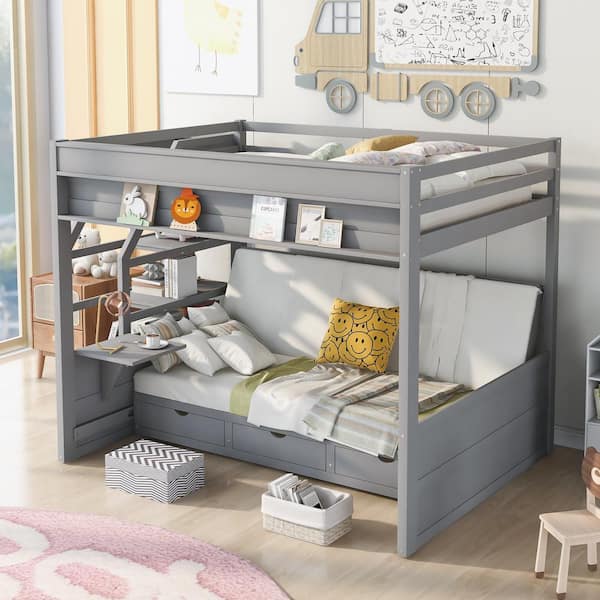 Harper & Bright Designs Gray Full Size Convertible Wood Bunk Bed with Storage Staircase, Bedside Table, and 3 Drawers