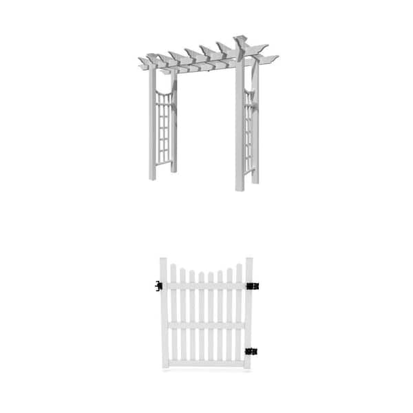 58"L Fairfield Deluxe Vinyl Arbor and 4 ft. x 5 ft. Classic Vinyl Picket Fence Gate Combo, White