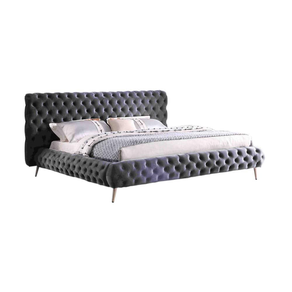 Elegant California King Velvet Upholstered Platform Bed with Tufted Headboard