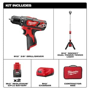 M12 12V Lithium-Ion Cordless 3/8 in. Drill/Driver Kit w/M12 1400 Lumen ROCKET LED Stand Work Light