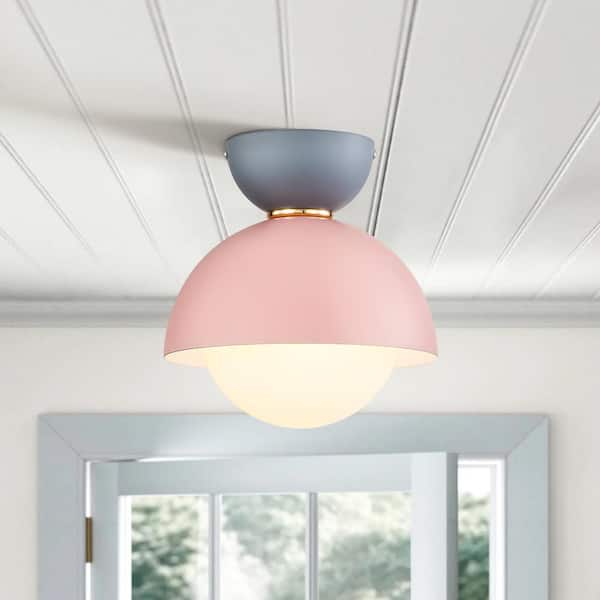 Rennnsan Conner 7.8 in. 1-Light Macaron Grey and Pink Flush Mount Light with Opal Bubble Shade