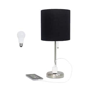 Oslo 19.5 in. Contemporary Bedside Power Outlet Base Metal Table Lamp in Brushed Steel, Black Shade, with LED Bulb