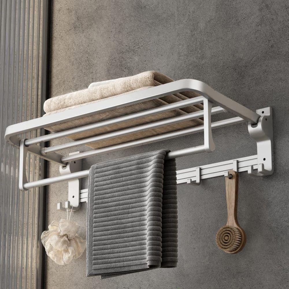 Silver Wall-Mounted Foldable Towel Rack with Hooks