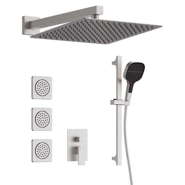 GIVING TREE 12 in. 3-Jet High Pressure Rainfall Shower System with Body Spray Solid Brass Valve included in Brushed Nickel