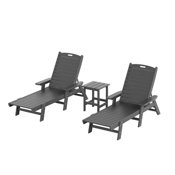 WESTIN OUTDOOR Harlo 3-Piece Gray Fade Resistant HDPE Plastic Reclining Outdoor Patio Chaise Lounge Arm Chair and Table Set