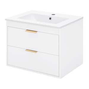 Anky 24.2 in. W x 17.72 in. D x 18.7 in. H 1-Sink Wall Mounted Bath Vanity in White with White Porcelain Top, 2-Drawers