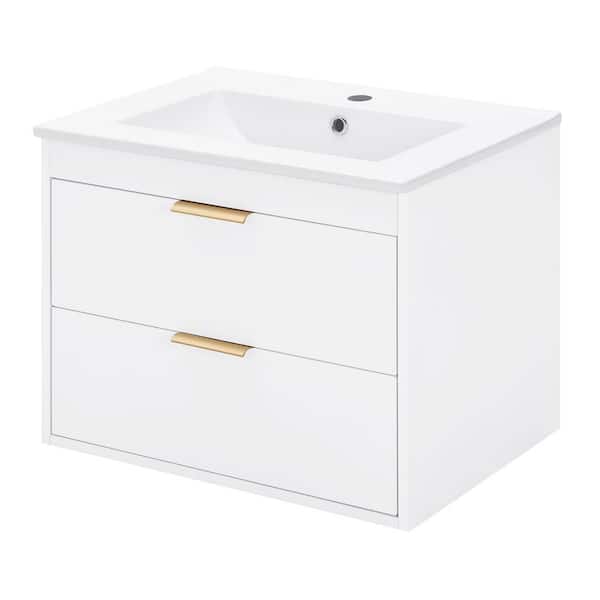 Miscool Anky 24.2 in. W x 17.72 in. D x 18.7 in. H 1-Sink Wall Mounted Bath Vanity in White with White Porcelain Top, 2-Drawers