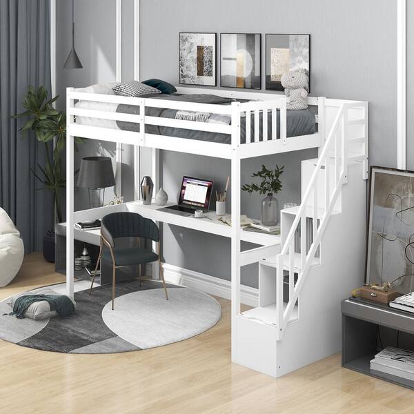 Eer White Twin Size Loft Bed With, How To Build A Twin Loft Bed With Desktop Computers