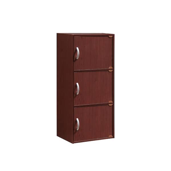 HODEDAH 35.6 in. Mahogany Wood 3-shelf Standard Bookcase with Doors