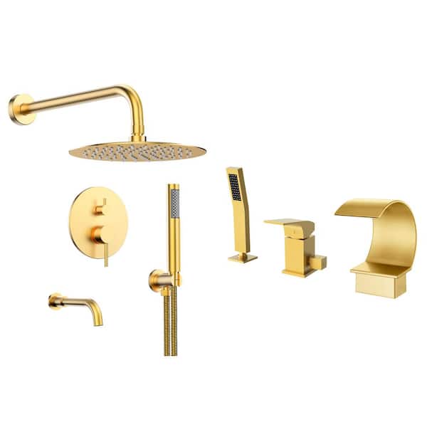 EVERSTEIN Single Handle 3-Spray 10 in. Wall Mount Shower Faucet and Tub Faucet 2.5 GPM with High Pressure in. Brushed Gold