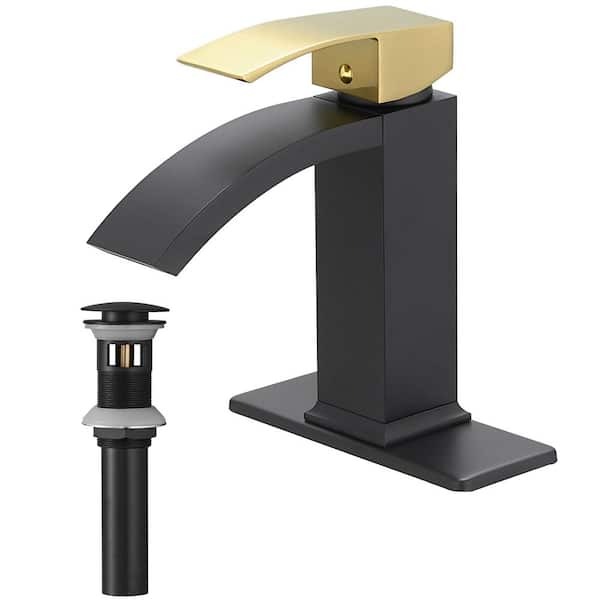 HOMEMYSTIQUE Single Handle Single Hole Bathroom Faucet with Deckplate Included and Drain Kit Included in Black Gold
