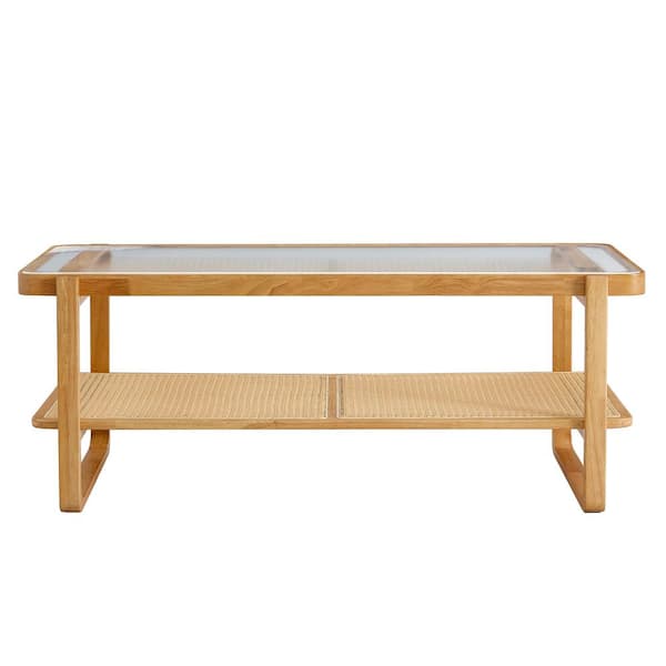 Tatahance 45 in. Natural Rectangle Solid Wood Coffee Table with Glass Desktop and Rattan Woven Layer