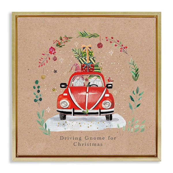 Stupell Industries Driving Gnome For Christmas by Sally Darby 1 Piece Floater Frame Graphic Print Travel Poster Art Print 18 in. x 18 in.