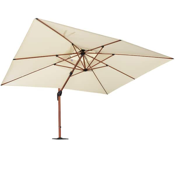 10 ft. x 13 ft. High-Quality Aluminum Wood Pattern Patio Umbrella Cantilever Umbrella with Base Plate, Cream