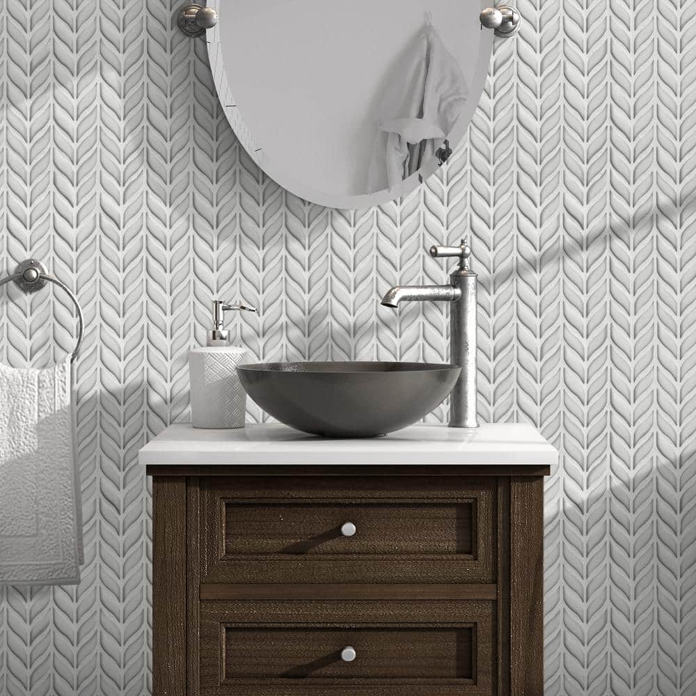 White Glazed Leaf Waterjet Recycled Glass Mosaic Tile