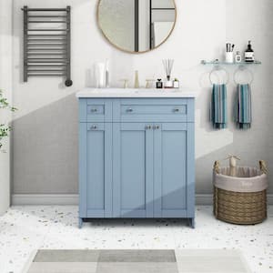 Victoria 30 in. W x 18 in. D x 34 in. H Freestanding Single Sink Bath Vanity in Blue with White Integrated Countertop